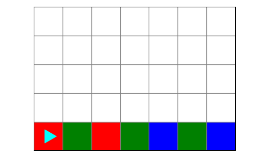 bit starts in the bottom left, the bottom row has red, green, and blue at random