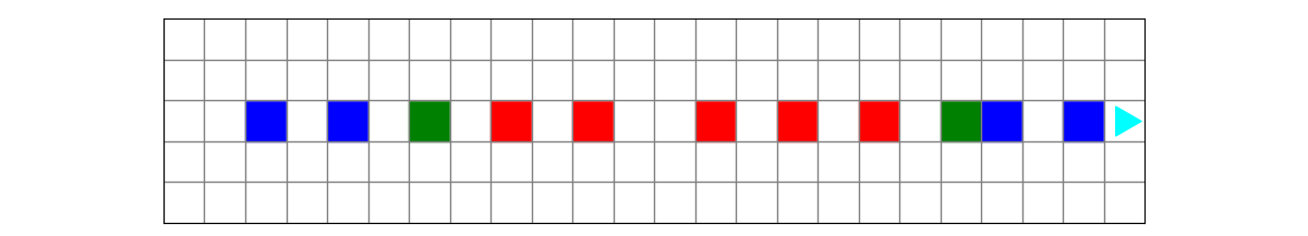 blue squares in between the green squares have been painted white, bit ends on the right